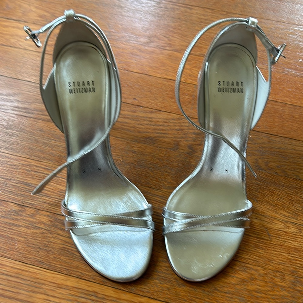 Stuart Weitzman high heel silver sandals. Too high for me!!😞